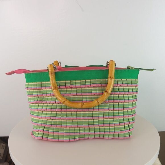 And pink plaid ruffled zip top handbag with faux w - Picture 4 of 17
